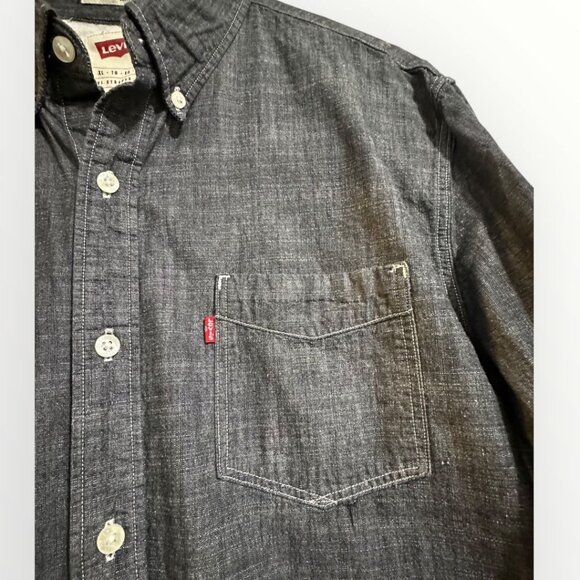 Levi’s Men’s Button Down Shirt XL Black Gray Chambray Long Sleeve Slim Fit Cotto - Picture 8 of 16